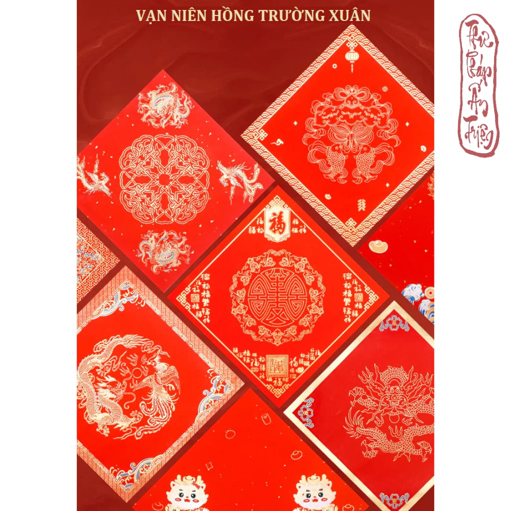 Dụng Cụ Thư Pháp [PHỦ SÁP-35 MẪU] 20 tờ Giấy Xuyến Chỉ Vuông Đỏ Viết Chữ Hoa Văn Loại Đẹp