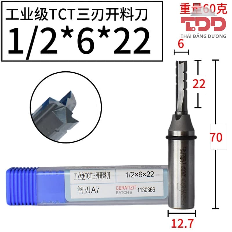 Mũi phay gỗ, dùng cho máy cắt CNC, hợp kim 3 me khứa 6mm, chuôi 1/2