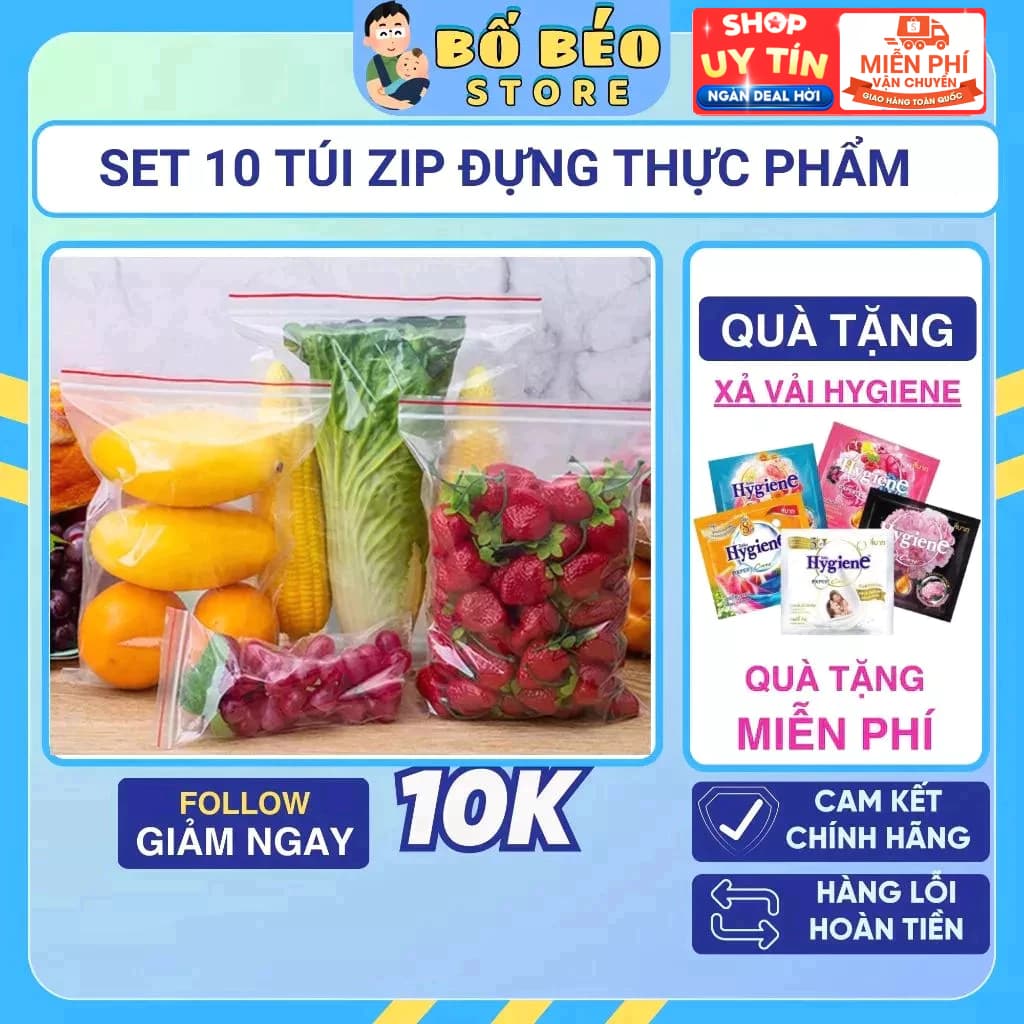 Set 10 Túi Zip Đựng Thực Phẩm Bảo Quản Thức Ăn Đồ Khô Đồ Tươi Sống Trong Tủ Lạnh An Toàn Tái Sử Dụng