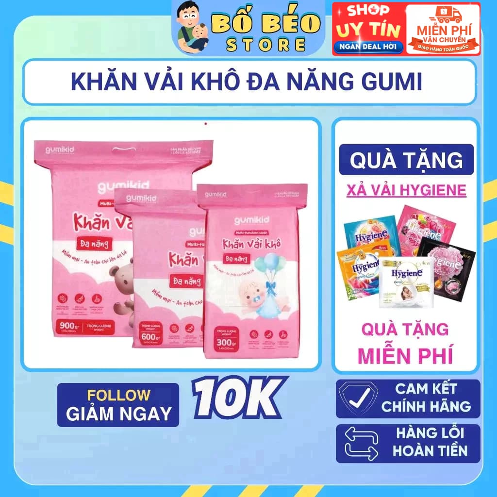 Khăn vải khô Gumi chính hãng, khăn khô đa năng, cao cấp dành cho mẹ và bé 300/600/ 900g