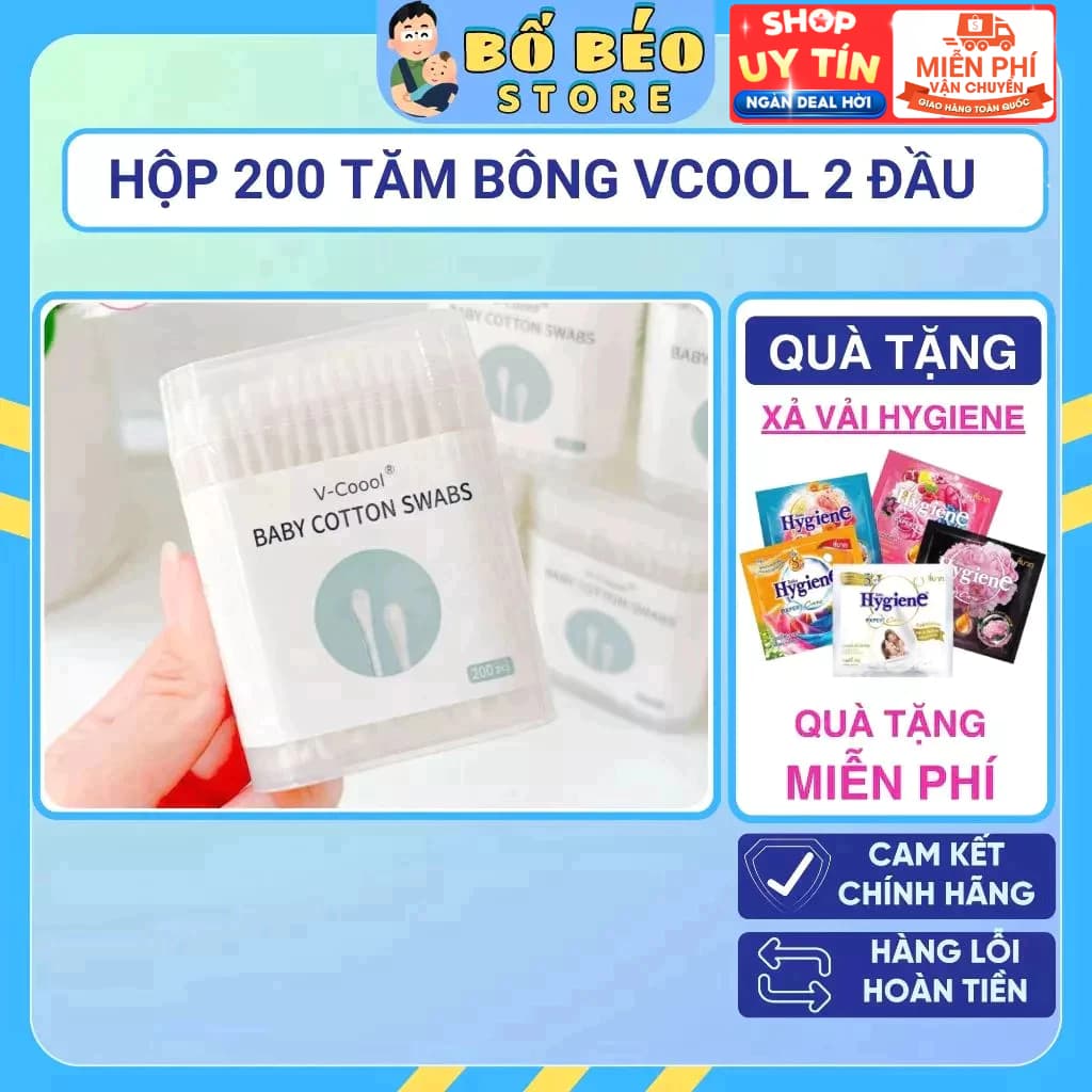 Tăm bông sơ sinh VCool (Hộp 200 que) Kháng Khuẩn Vệ Sinh Tai Mắt Mũi Cho Bé Sơ Sinh
