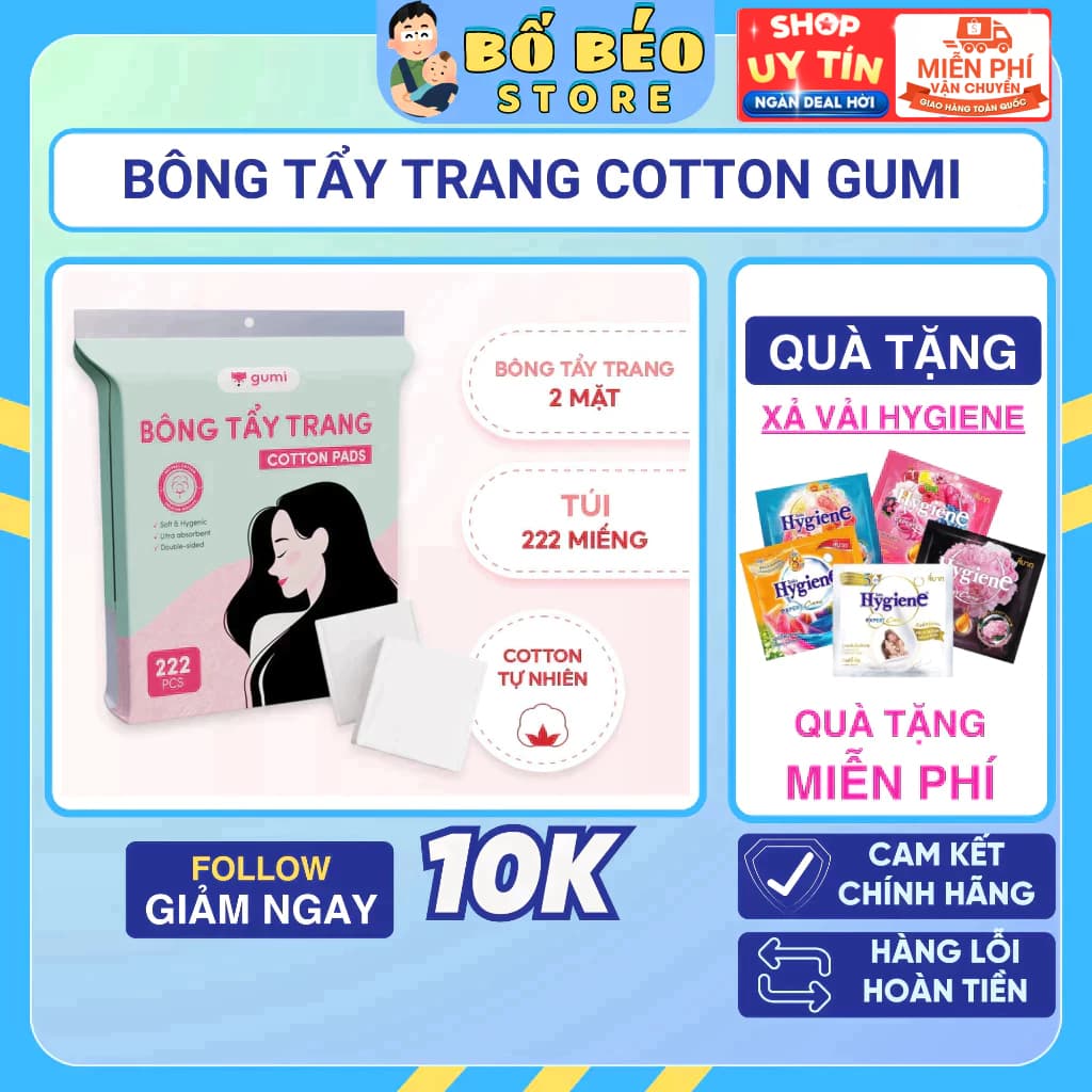 Bông tẩy trang Gumi chất liệu Cotton Gói 222 miếng