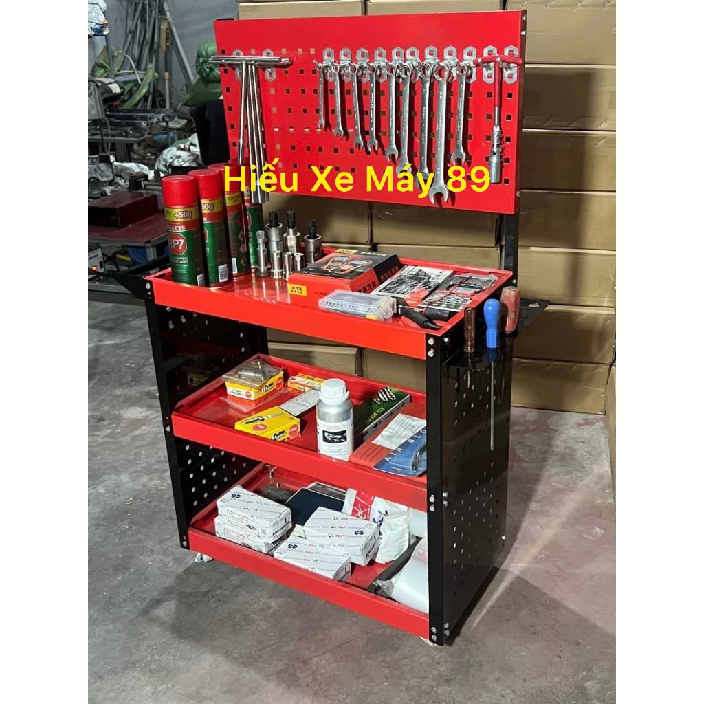 [HOT] Xe đẩy dụng cụ 3 tầng 15kg, Kệ để đồ dùng cơ khí 3 tầng có bánh xe, giá treo đồ kèm 20 móc treo bộ phụ kiện đầy đủ