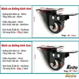 Bộ 4 Bánh xe đẩy hàng cao su bọc nhựa 40mm - 50mm chịu tải tốt, lắp xe đẩy hàng, xe kéo 3