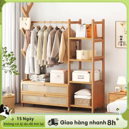 LACCOHUG Giá treo quần áo Móc treo đồ bằng tre đơn giản tích hợp ngăn kéo đa năng tiết kiệm 1