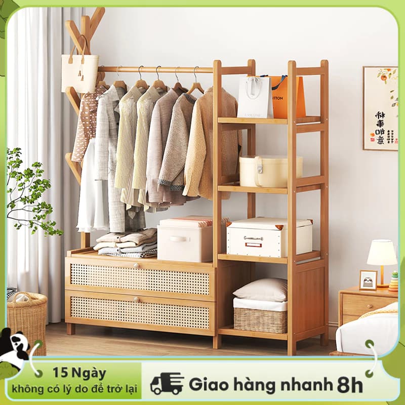 LACCOHUG Giá treo quần áo Móc treo đồ bằng tre đơn giản tích hợp ngăn kéo đa năng tiết kiệm