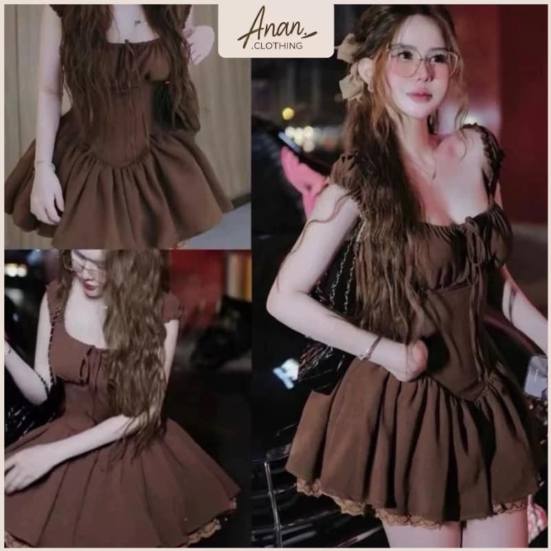 Đầm cổ vuông cột nơ xếp li ngực bo eo dáng ngắn phối viền ren xinh xắn