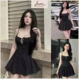 Đầm 2 Dây Chấm Bi Đen Dáng Xòe Ôm Ngực Buộc Dây Sexy Ngắn Đi Chơi Mùa Hè 1