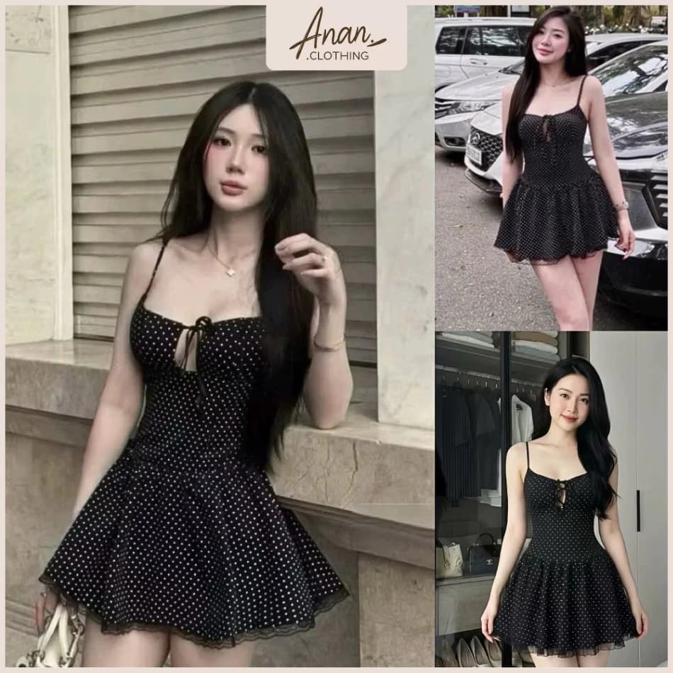 Đầm 2 Dây Chấm Bi Đen Dáng Xòe Ôm Ngực Buộc Dây Sexy Ngắn Đi Chơi Mùa Hè