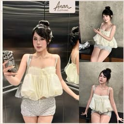 Áo Hai Dây Voan Bồng Babydoll Màu Kem Phối Ren Ngực Nơ Nhẹ Nhàng Nữ Tính Mặc Đi Biển Đi Chơi 1