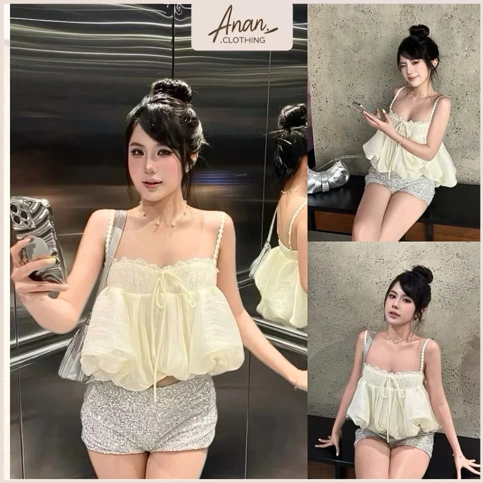 Áo Hai Dây Voan Bồng Babydoll Màu Kem Phối Ren Ngực Nơ Nhẹ Nhàng Nữ Tính Mặc Đi Biển Đi Chơi