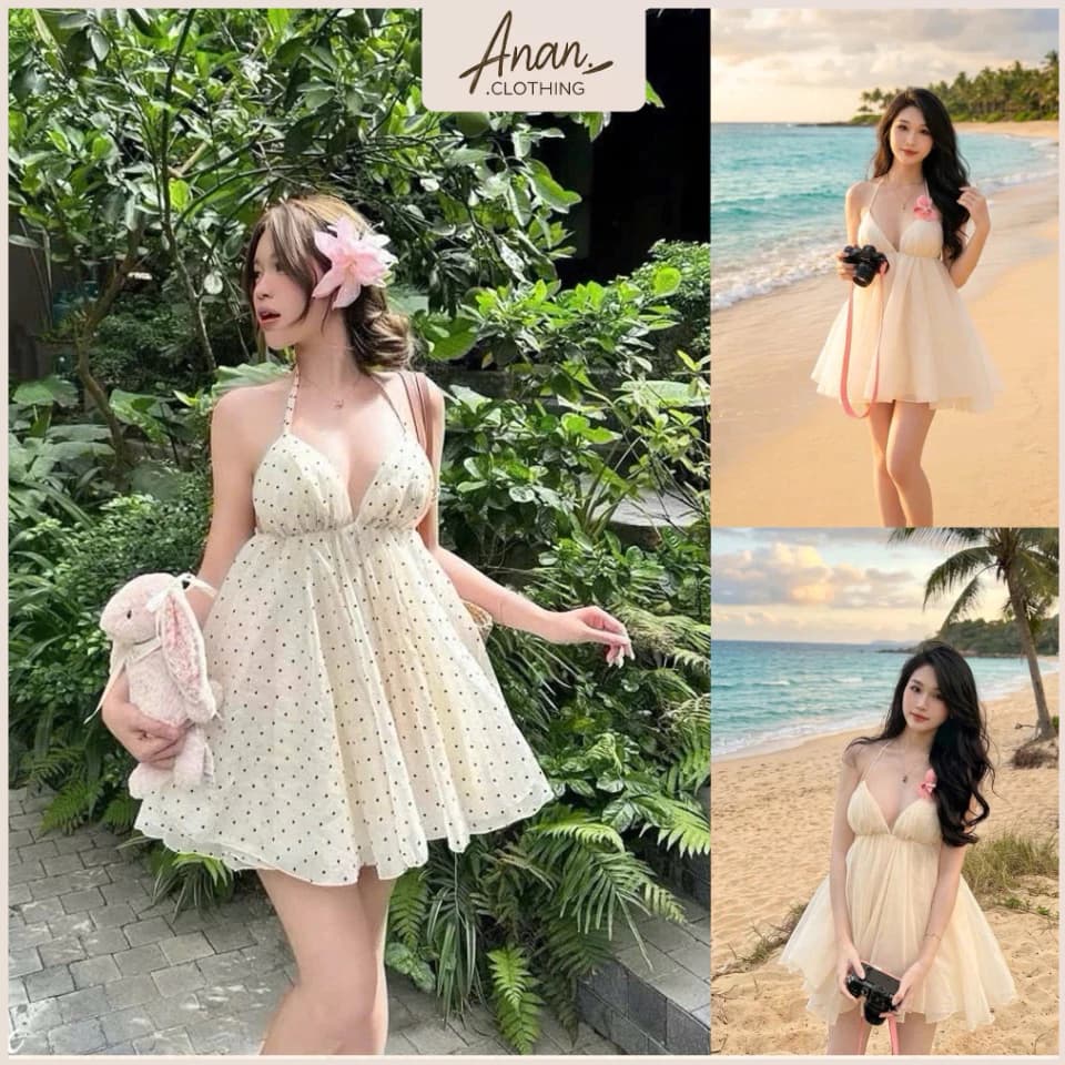 Váy Yếm Babydoll Hở Lưng Màu Kem Trơn/Chấm Bi Chất Voan Bồng Bềnh Mặc Hè Đi Biển