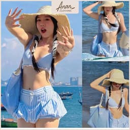 Set đồ đi biển nữ kẻ sọc pastel – Áo bra ren dây ngọc + quần short xòe sexy, siêu tôn dáng 1
