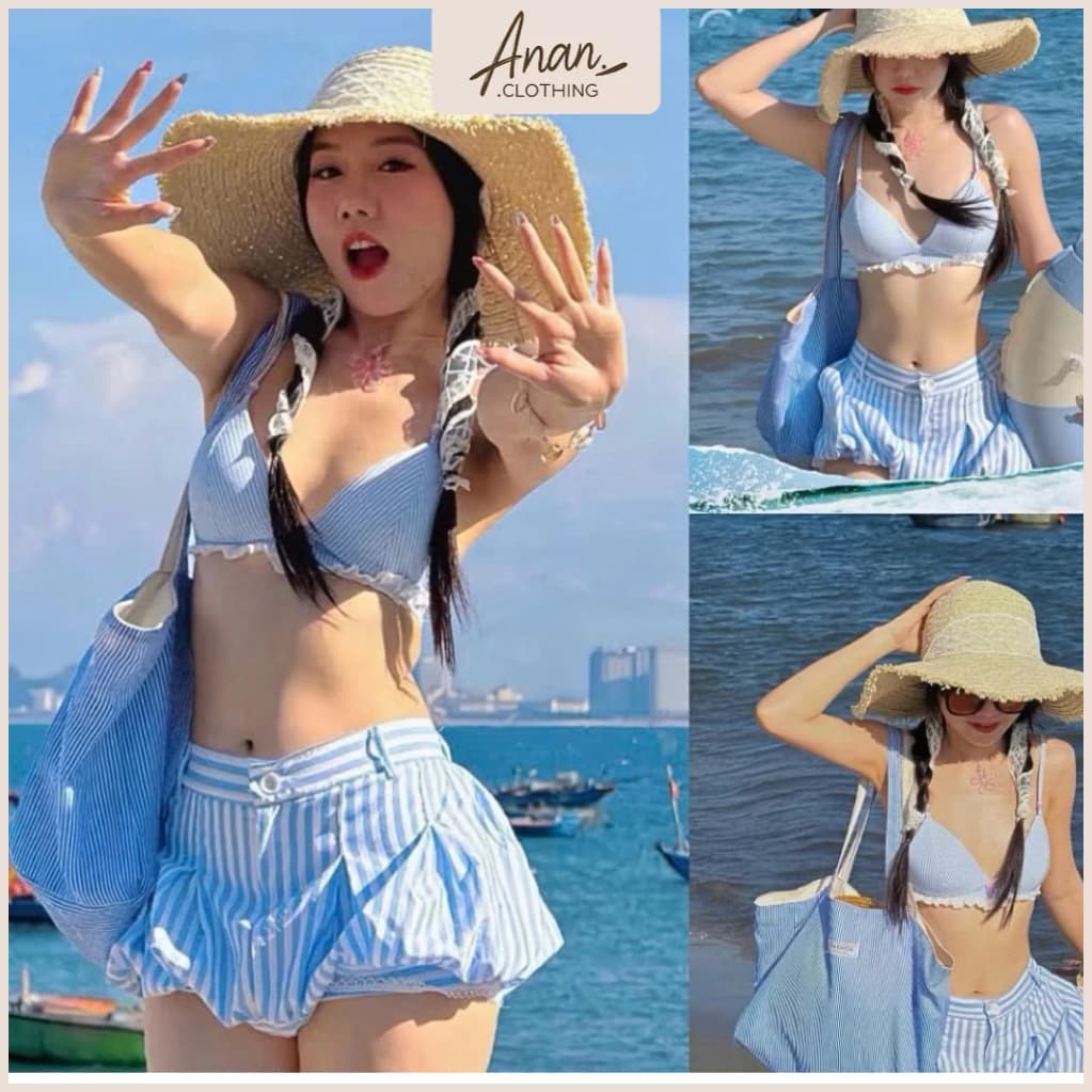Set đồ đi biển nữ kẻ sọc pastel – Áo bra ren dây ngọc + quần short xòe sexy, siêu tôn dáng