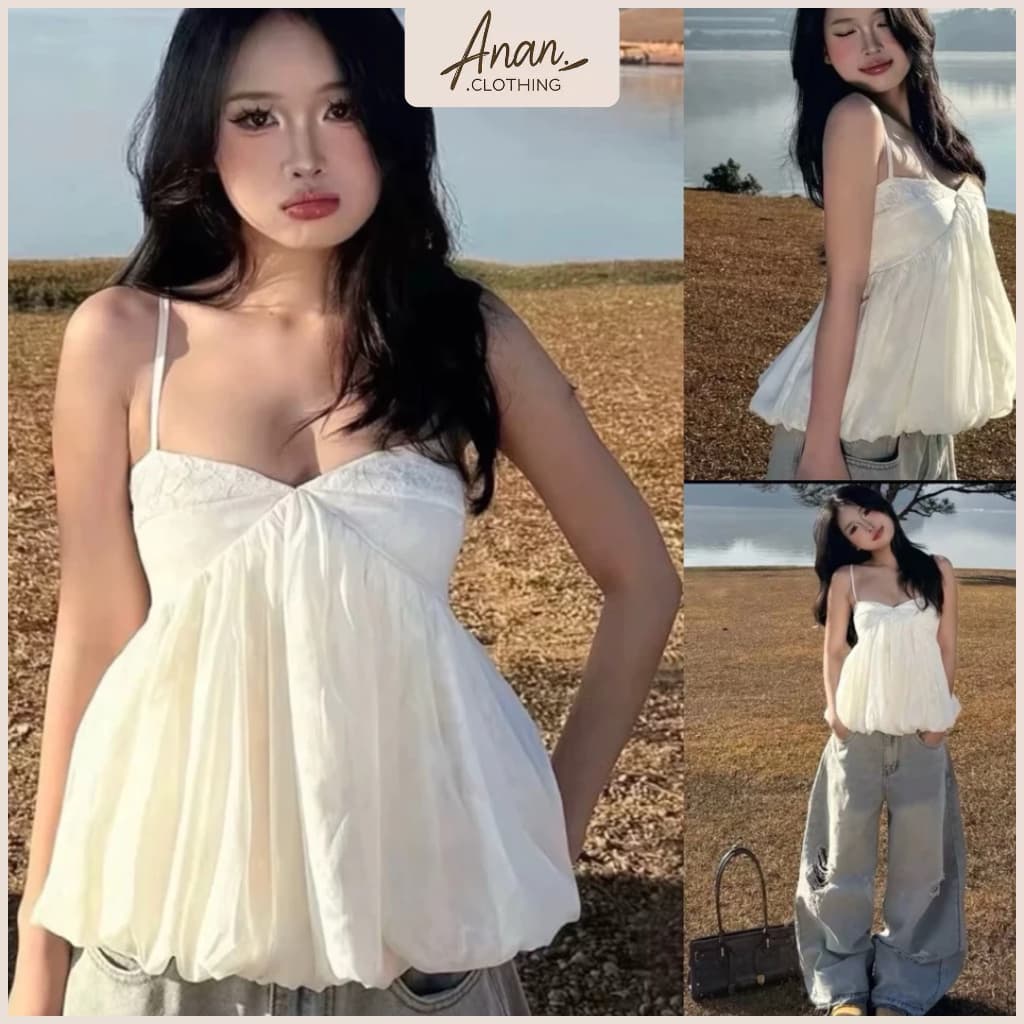 Áo 2 Dây Babydoll Voan Trắng Phồng Nhẹ Cúp Ngực Dáng Xòe Nữ Tính Mặc Đi Biển/Đi Chơi Siêu Xinh
