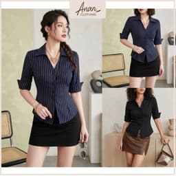 Áo Sơ Mi Tay Lỡ Cột Nơ Lung Hoạ Tiết Trơn/Kẻ Sọc Có Dây Thắt Eo Phía Sau Ôm Body Quyến Rũ Ananclothing 1