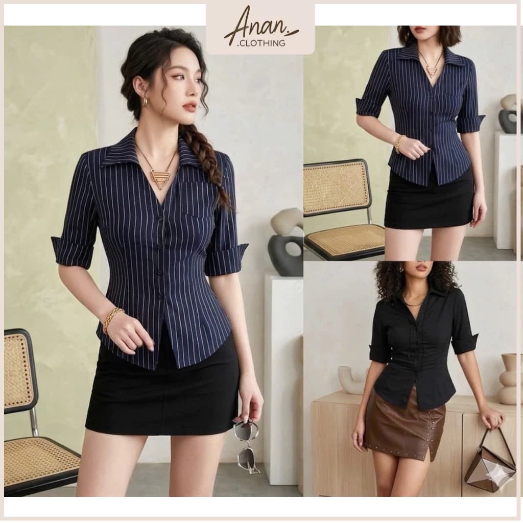 Áo Sơ Mi Tay Lỡ Cột Nơ Lung Hoạ Tiết Trơn/Kẻ Sọc Có Dây Thắt Eo Phía Sau Ôm Body Quyến Rũ Ananclothing