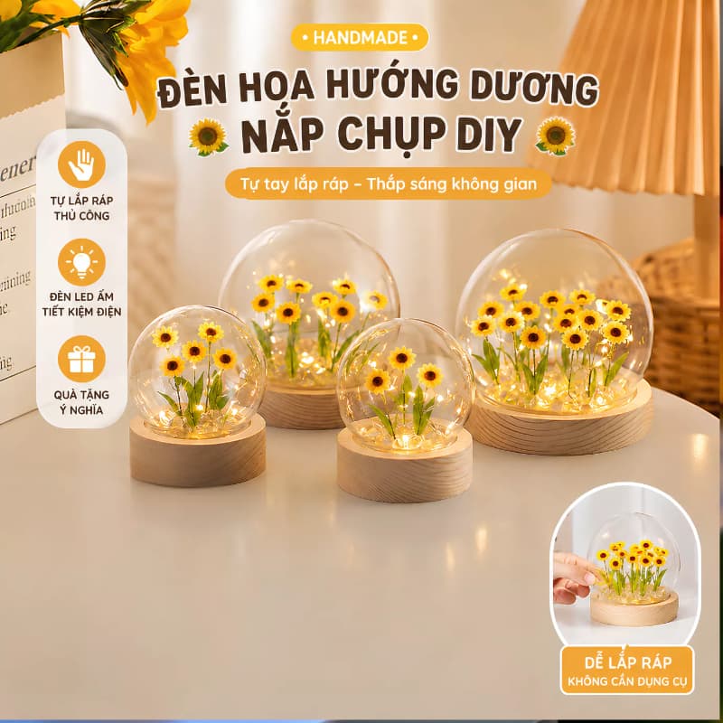 (LOẠI 1) Đèn ngủ hoa hướng dương tự làm nắp chụp thủy tinh DIY quà tăng ý nghĩa dành tặng người yêu