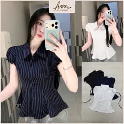 Áo Sơ Mi Nữ Kẻ Sọc Tay Phồng Chiết Eo Cổ Đức Dáng Peplum Thanh Lịch Công Sở Hàn Quốc 1