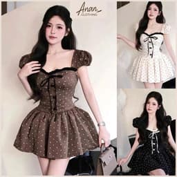 Đầm Ngắn Chấm Bi Nơ Ngực “Đan Eo” Tay Bồng Phong Cách Hàn Quốc Dễ Thương 2