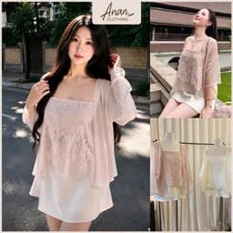 Sét vay Tiểu Thư Áo Ren Babydoll Phối Choàng Tay Lỡ Mềm Và Chân Váy Lụa Ngắn Dịu Dàng 1