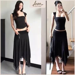 Sẵn Naâu-Set Áo Cổ Vuông Nhún Phối Chân Váy Cạp Trễ Tua Rua Phong Cách Y2K 1