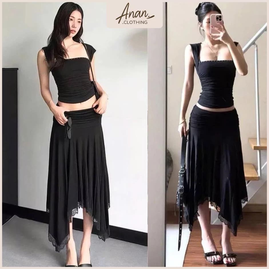 Sẵn Naâu-Set Áo Cổ Vuông Nhún Phối Chân Váy Cạp Trễ Tua Rua Phong Cách Y2K