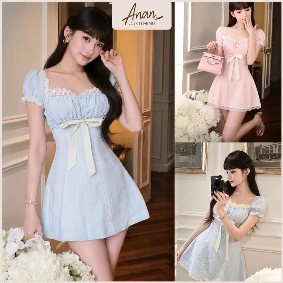 [Váy Xô Thêu vintage] Váy Viền Ren Thắt Nơ Ngực Dáng A Xòe Tiểu Thư