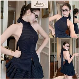 Set Áo Yếm Cổ Halter Sọc Tăm Phối Chân Váy Xếp Ly Tôn Dáng 1