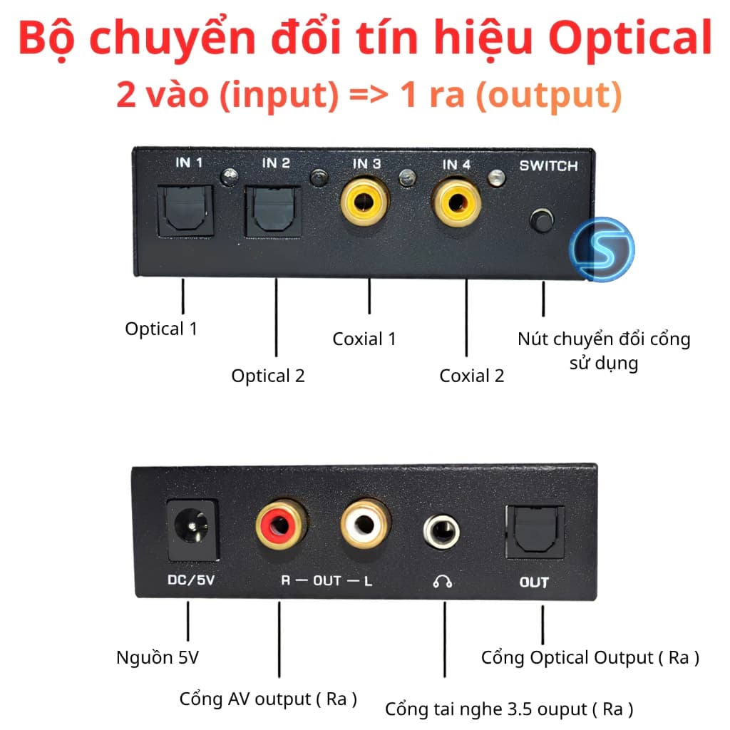 Bộ chuyển đổi tín hiệu Cáp Quang, giải mã  ÂM THANH ( chuyển kênh Optical ) 2 vào 1 ra