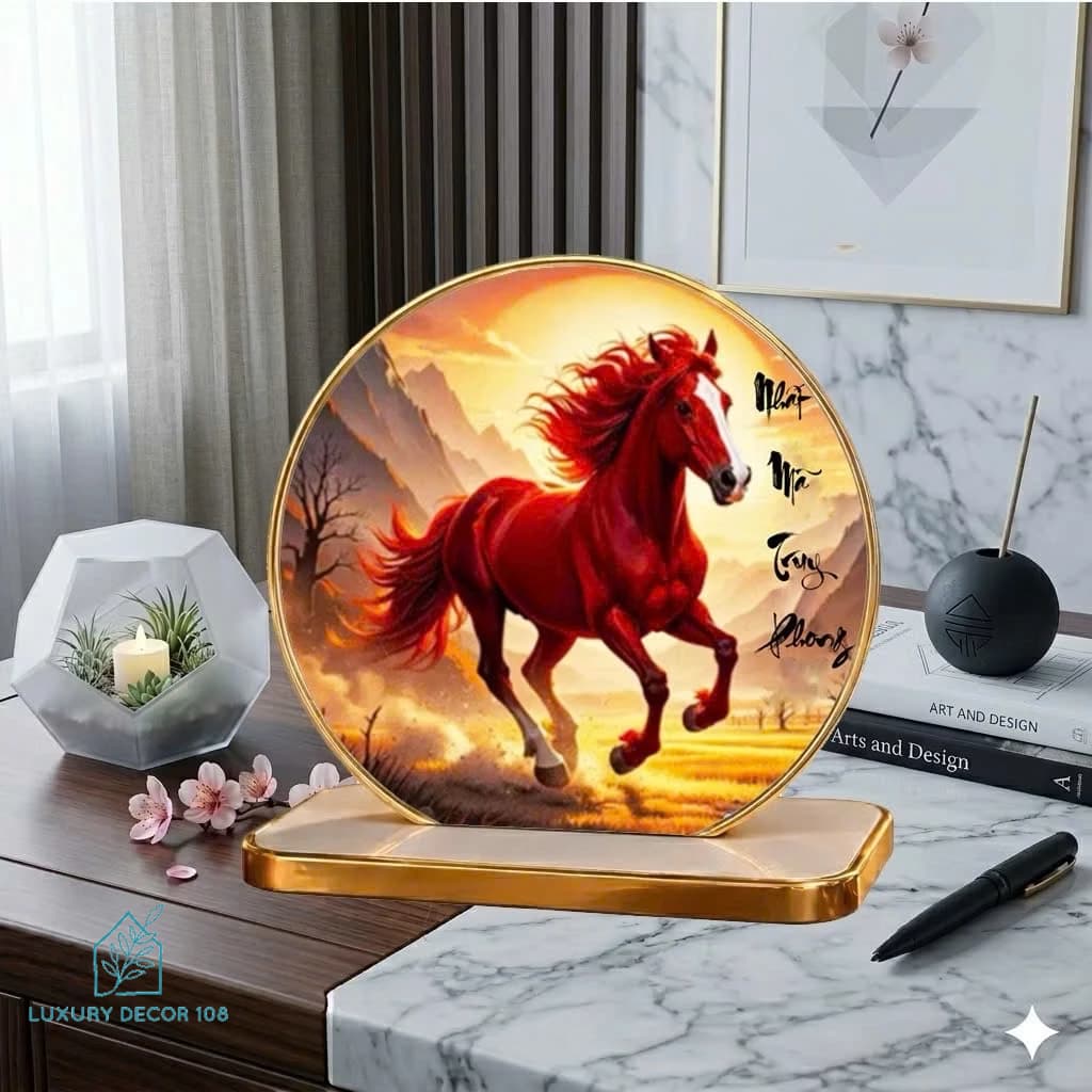 [ Tranh Để Bàn ] Nhất Mã Truy Phong - Đường Kính D20cm - Tặng Kèm Đế  - Chất Liệu Tráng Gương