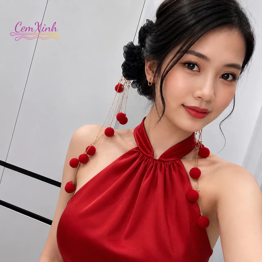 Trâm Cài Tóc Cổ Trang Tua Rua Đỏ Phối Bi Bông Nhung Cao Cấp Kẹp Tóc Hanfu Cổ Phong Phụ Kiện Chụp Ảnh Cosplay