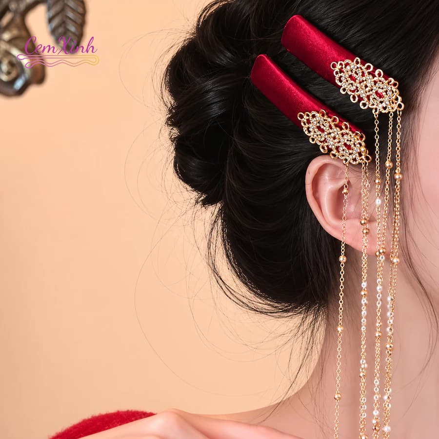 Kẹp Tóc Tua Rua Dài Cổ Điển Màu Đỏ Quý Phái Style Tân Cổ Phong – Phụ Kiện Tóc Đi Tiệc