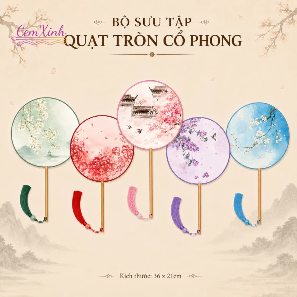 Quạt Tròn Cổ Trang Nhiều Hoạ Tiết - Quạt Cầm Tay Chụp Ảnh Áo Dài Hán Phục Việt Phục Cao Cấp