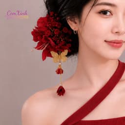 Kẹp Tóc Hoa Đỏ Tua Rua Phong Cách Cổ Trang Trung Hoa Phụ Kiện Tóc Nữ Chụp Ảnh Dự Tiệc 2