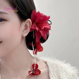 Kẹp Tóc Hoa Đỏ Tua Rua Ngọc Dài - Phụ Kiện Tóc Cổ Trang Ma Mị Phối Hán Phục, Áo Dài Sang Trọng 1