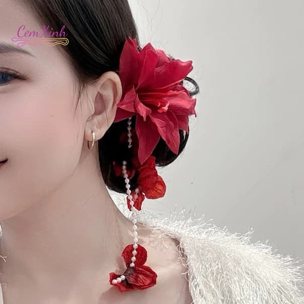 Kẹp Tóc Hoa Đỏ Tua Rua Ngọc Dài - Phụ Kiện Tóc Cổ Trang Ma Mị Phối Hán Phục, Áo Dài Sang Trọng