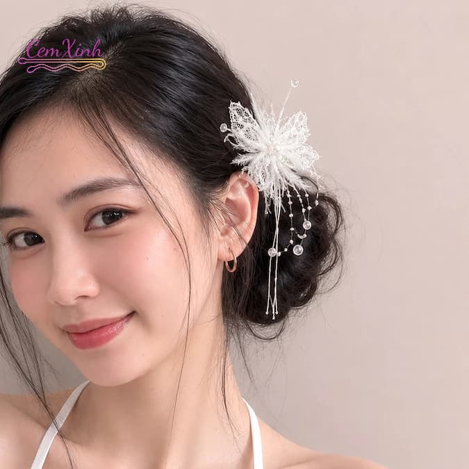 Kẹp Tóc Hoa Ren Trắng Đính Ngọc Tua Rua Phong Cách Tiểu Thư Sang Trọng Phụ Kiện Tóc Cô Dâu Đi Tiệc
