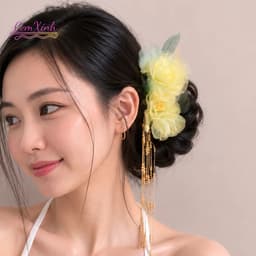 Kẹp Tóc Hoa Lụa Vàng Bản To Kèm Tua Rua Dài Cao Cấp Phong Cách Cổ Trang Sang Trọng 1