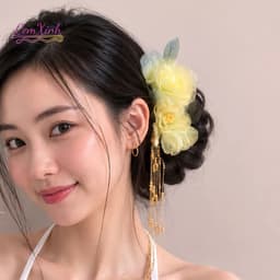 Kẹp Tóc Hoa Lụa Vàng Bản To Kèm Tua Rua Dài Cao Cấp Phong Cách Cổ Trang Sang Trọng 2