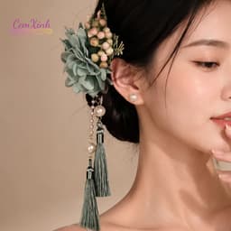 Kẹp Tóc Hoa Xanh Cổ Trang Tua Rua Dài Phụ Kiện Việt Phục Áo Dài Chụp Ảnh Cao Cấp 4