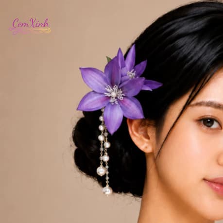 Kẹp Tóc Hoa Tím Lavender Tua Rua Ngọc Trai Phụ Kiện Chụp Ảnh Dự Tiệc Thanh Lịch