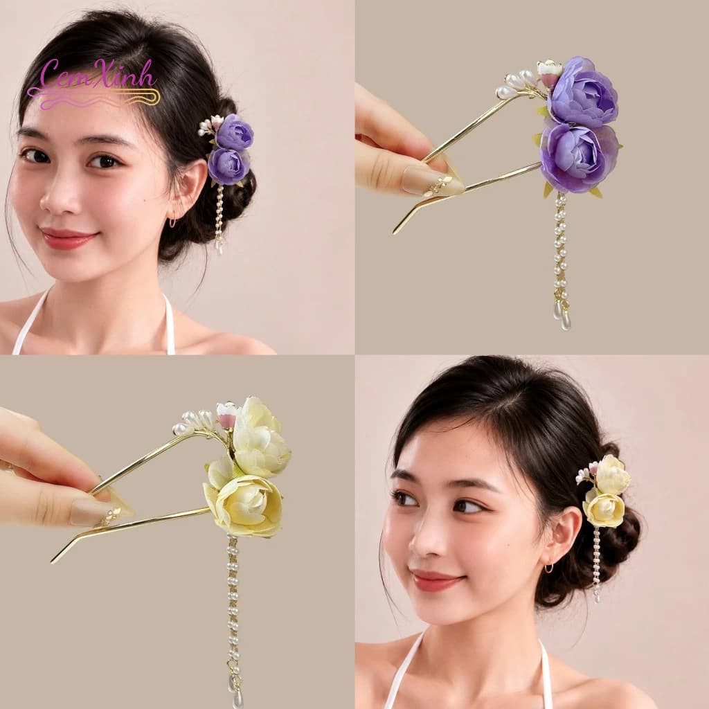 Trâm Cài Tóc Chữ U Kim Loại Mạ Vàng Dáng Hoa Mẫu Đơn Tím Quý Phái, Trâm Búi Tóc Tua Rua Ngọc Phong Cách Cổ Trang Cá