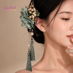 Kẹp Tóc Hoa Xanh Cổ Trang Tua Rua Dài Phụ Kiện Việt Phục Áo Dài Chụp Ảnh Cao Cấp 1