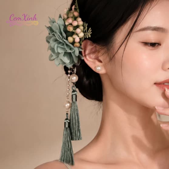 Kẹp Tóc Hoa Xanh Cổ Trang Tua Rua Dài Phụ Kiện Việt Phục Áo Dài Chụp Ảnh Cao Cấp