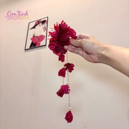 Kẹp tóc hoa đỏ tua rua lấp lánh phong cách cổ trang, phụ kiện tóc đi tiệc cô dâu sang chảnh 5