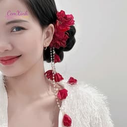 Kẹp tóc hoa đỏ tua rua lấp lánh phong cách cổ trang, phụ kiện tóc đi tiệc cô dâu sang chảnh 1