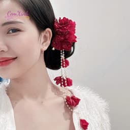 Kẹp tóc hoa đỏ tua rua lấp lánh phong cách cổ trang, phụ kiện tóc đi tiệc cô dâu sang chảnh 2