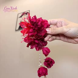 Kẹp tóc hoa đỏ tua rua lấp lánh phong cách cổ trang, phụ kiện tóc đi tiệc cô dâu sang chảnh 4