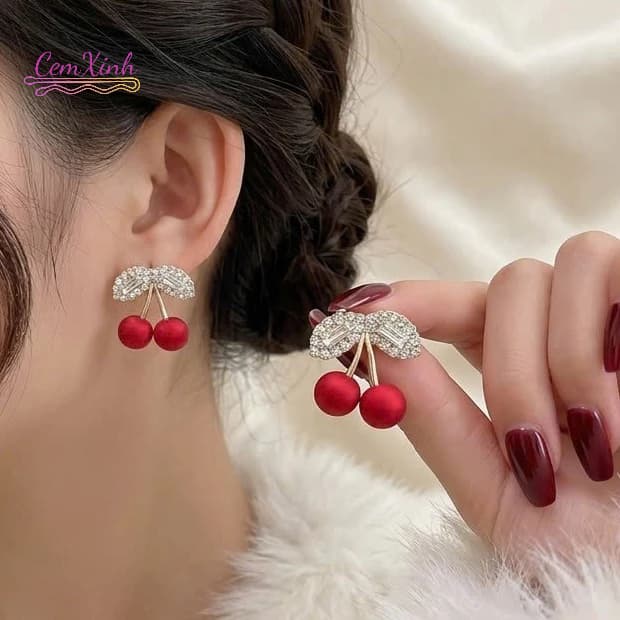 Bông Tai Quả Cherry Đỏ Phối Đá Sang Trọng - Khuyên Tai Nữ Đi Tiệc, Dạo Phố Cực Xinh